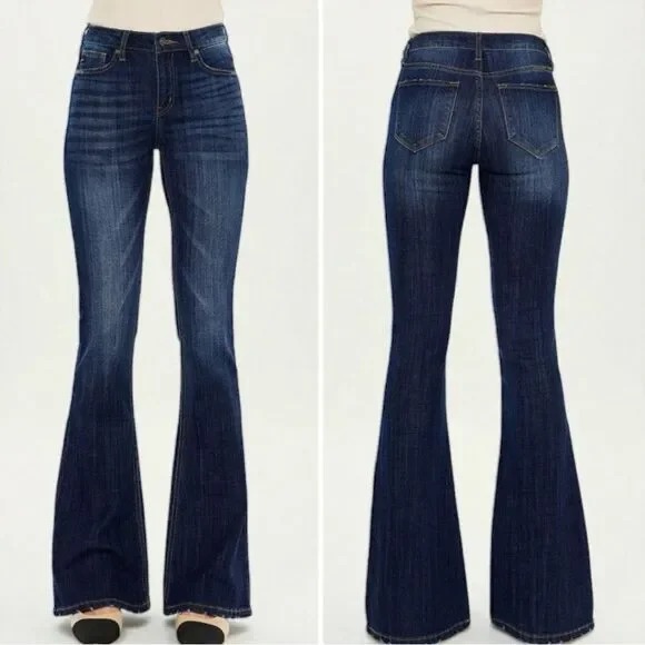 Kancan Mid Rise Dark Wash Classic Slim Flare Jeans Light Distressing – NWT - Picture 2 of 13